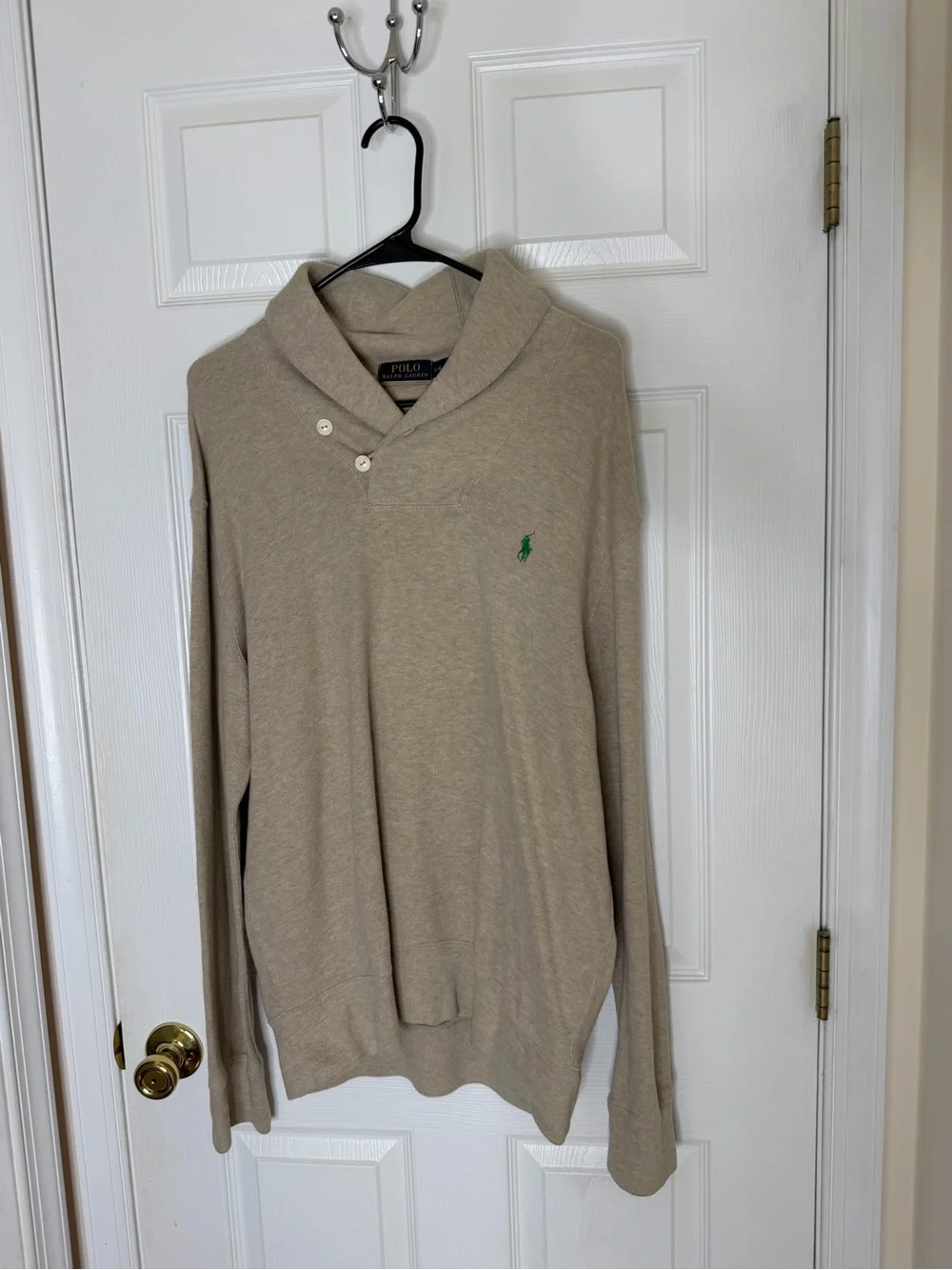 Ralph Lauren Beige V-Neck Shawl Sweater with Green Pony